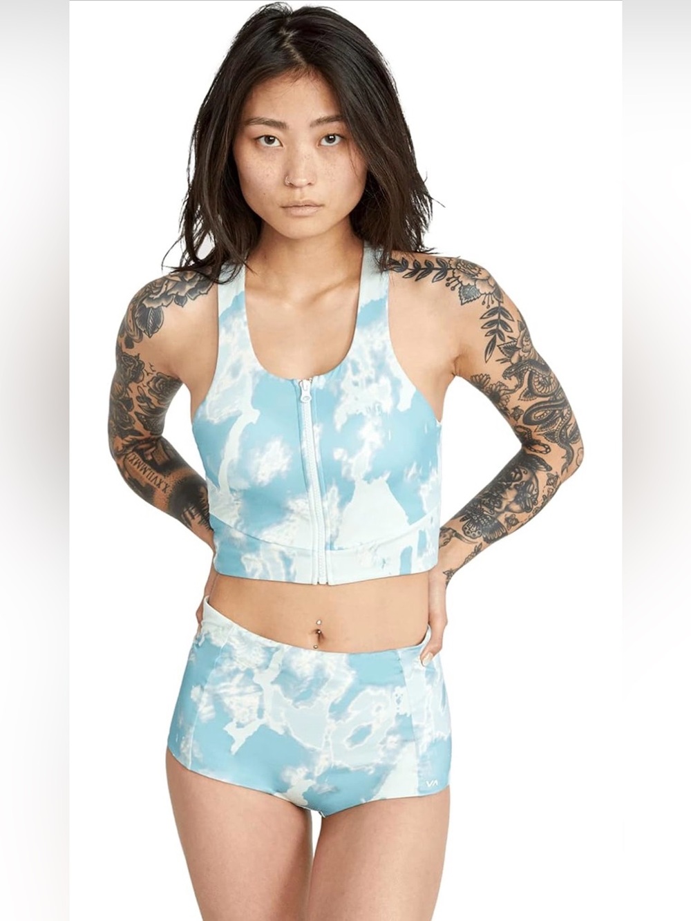 RVCA Zip-Front Bikini Racerback Swim Top in Blue-Green Camouflage